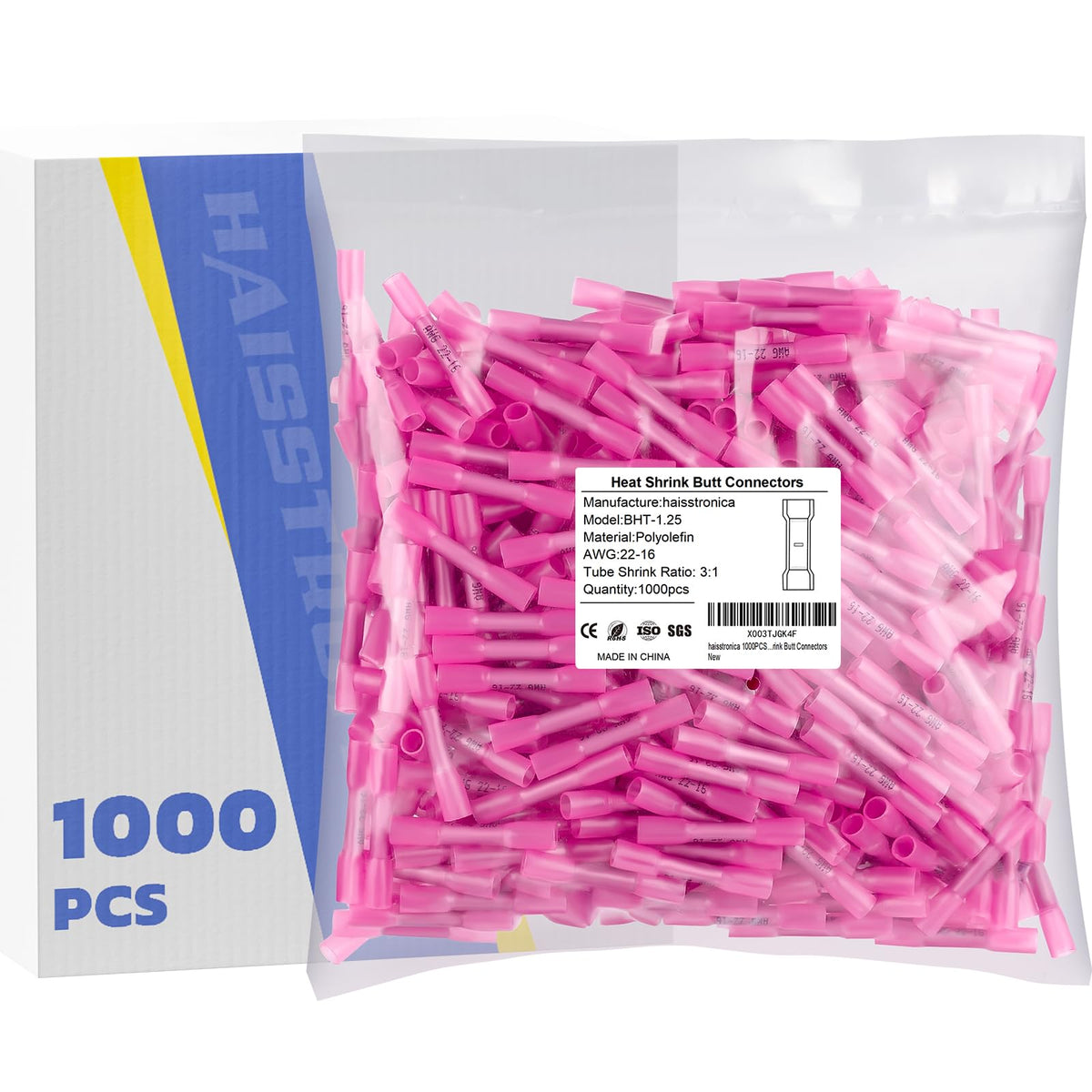 haisstronica 1000PCS 22-16 AWG Red Heat Shrink Butt Connectors-Tinned Red Copper 0.7mm,Waterproof Insulated Electrical Connectors butt splice