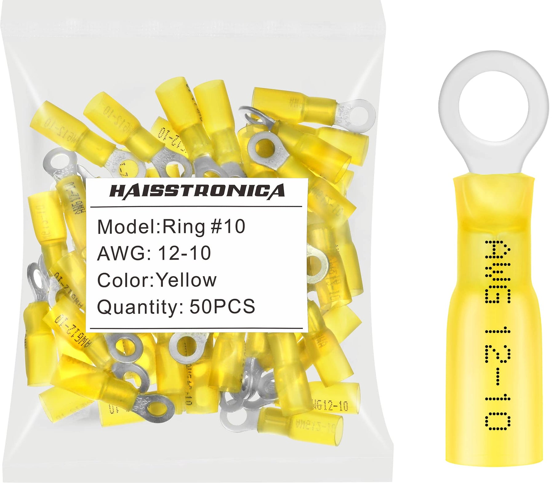 haisstronica 50pcs #10 Yellow Marine Grade Heat Shrink Ring Connectors,12-10 Gauge Tinned Red Copper 1mm Ring Terminals Connectors,Brazed-Seam Insulated Electrical Crimp Wire Terminals