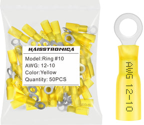 haisstronica 50pcs #10 Yellow Marine Grade Heat Shrink Ring Connectors,12-10 Gauge Tinned Red Copper 1mm Ring Terminals Connectors,Brazed-Seam Insulated Electrical Crimp Wire Terminals