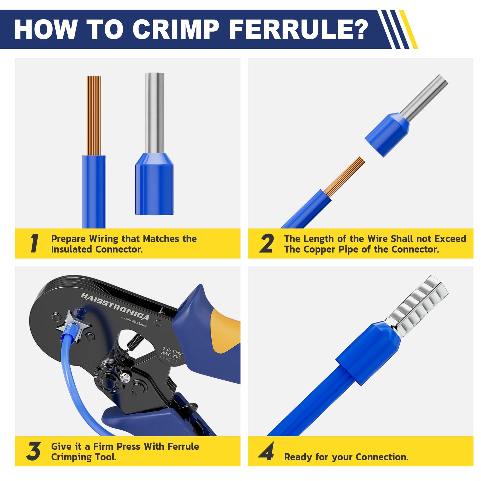 haisstronica Wire Ferrule Crimping Tool, AWG 23-7 Self-adjusting Square Jaw, Ratchat Ferrule Terminals Crimper Plier for Wire Terminals Cables End-sleeves