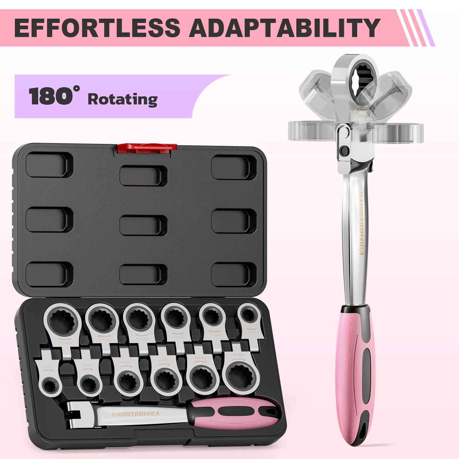 haisstronica Pink Wrench Set for Women, 12 in 1 Interchangeable Heads Ratcheting Combination Wrench Set, 8-19mm Metric Flex Head Wrench Tool for Auto