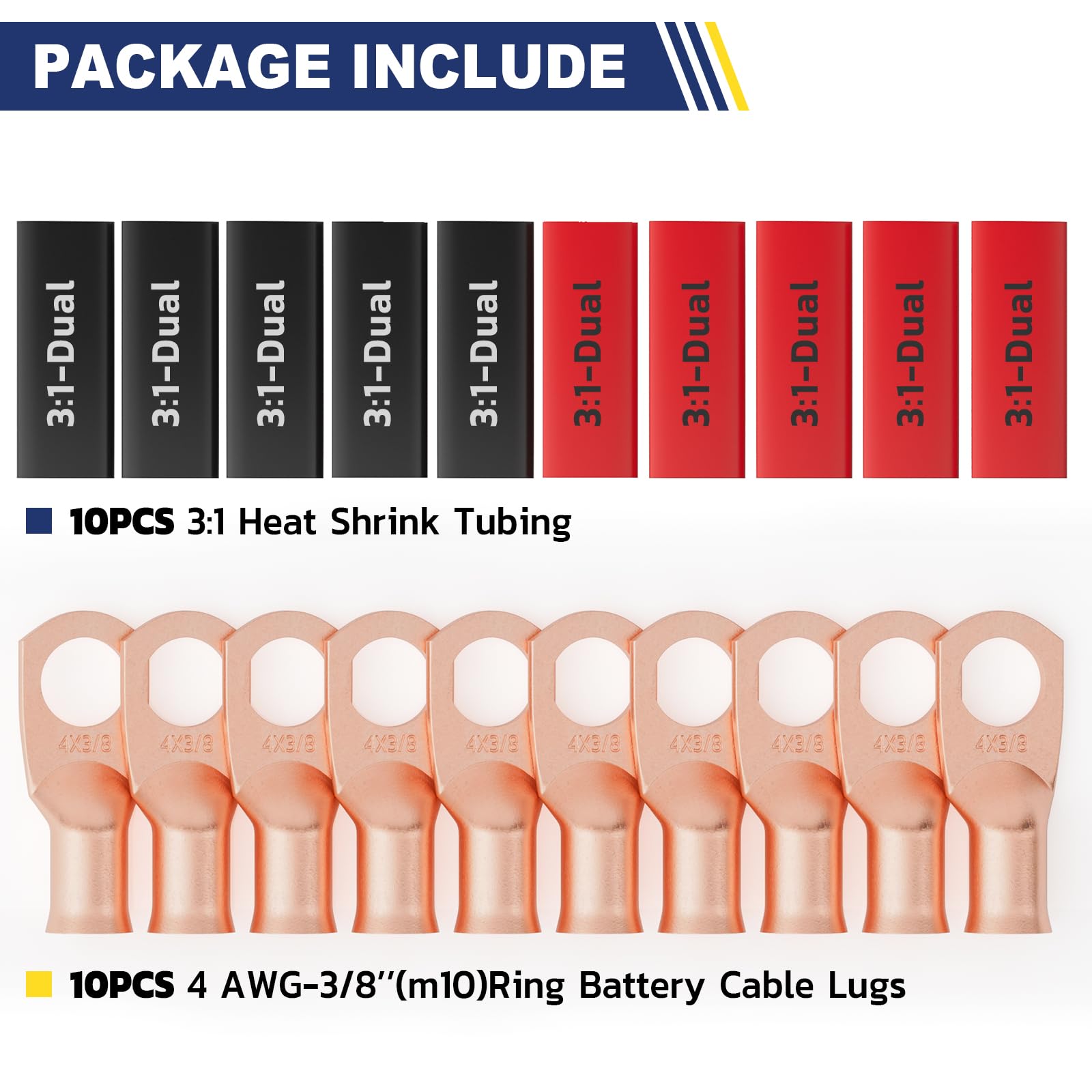 haisstronica 10pcs 4 AWG - 3/8" (M10) Battery Cable Lugs, Heavy Duty Copper Wire Lugs with 10pcs 3:1 Adhesive Heat Shrink Tubing, 4 Gauge Wire Connectors Battery Terminal Connector, Battery Cable Ends