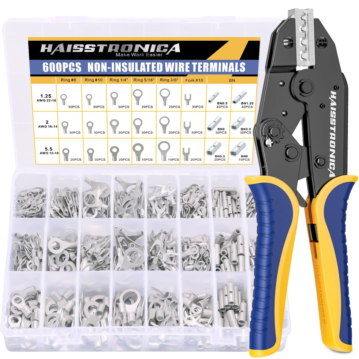 haisstronica 600pcs Non-Insulated Wire Terminals Set Contain AWG 22-6 Wire Terminals Crimping Tool with AWG 22-10 Non Insulated Butt connectors