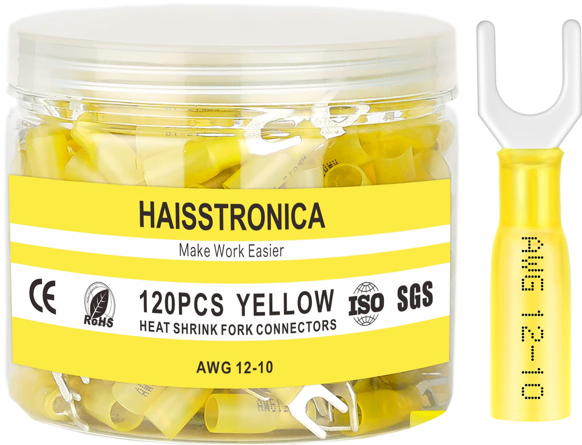 Haisstronica 120PCS Heat Shrink Fork Spade Connectors #10 Waterproof Marine Grade Fork Terminal Connectors U-Type Yellow 12-10 Gauge