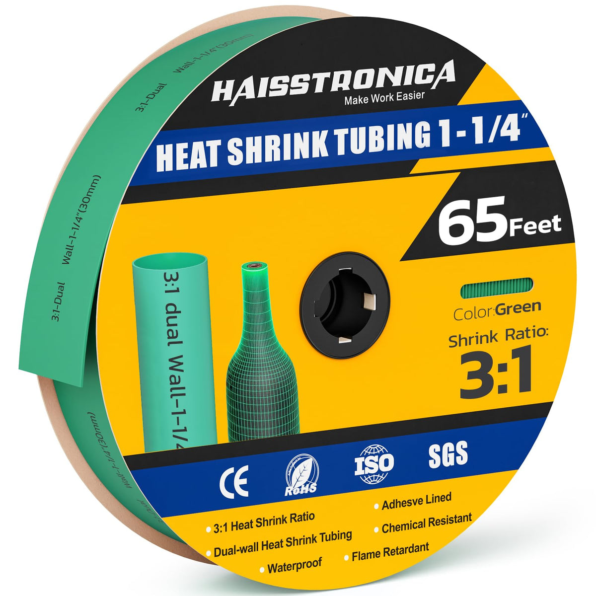 haisstronica 3:1 Heat Shrink Tubing, Shrink Ratio Adhesive Lined Marine Grade Heat Shrink Tube for Home, Automotive and Industrial (Green) 65FT 1-1/4inch