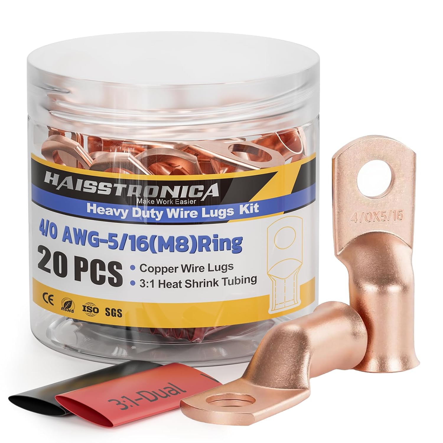 20PCS Bare Battery Cable Copper Wire Lugs with 10pcs 3:1 Adhesive Heat Shrink Tubing