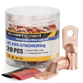 20PCS Bare Battery Cable Copper Wire Lugs with 10pcs 3:1 Adhesive Heat Shrink Tubing