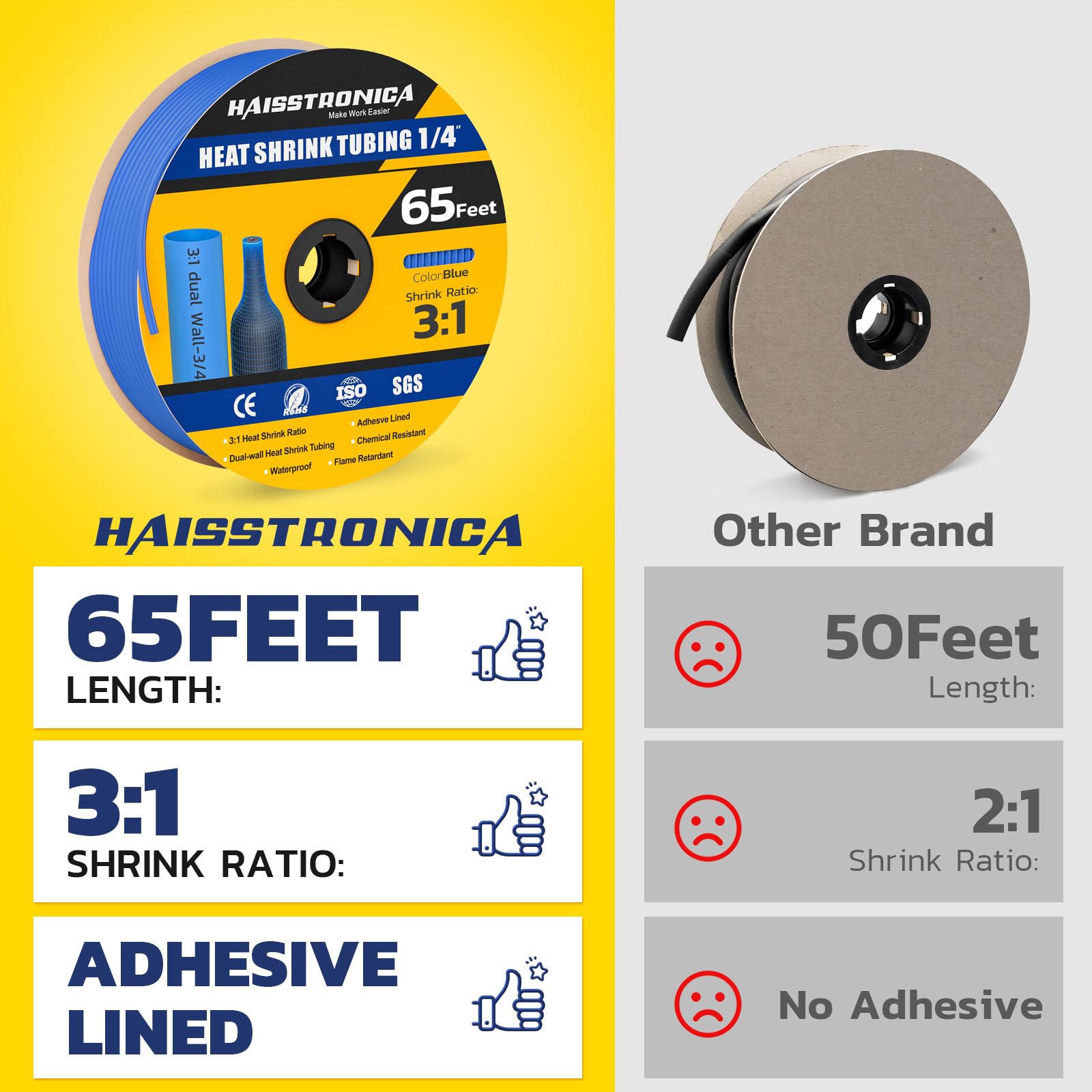 Gaine thermorétractable Haisstronica 3:1, gaine thermorétractable de qualité marine avec revêtement adhésif, pour la maison, l'automobile et l'industrie (bleue) 65 pieds 1/4 pouce
