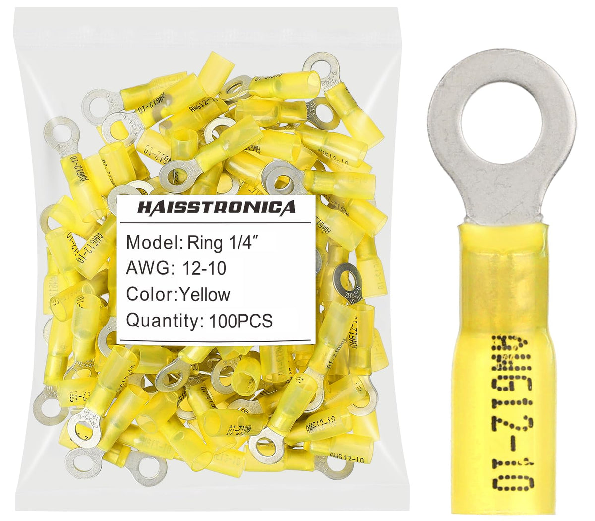 Haisstronica Lot de 100 cosses à anneau thermorétractables jaunes de qualité marine de 6,35 mm (1/4"), en cuivre rouge étamé de calibre 12-10, 1 mm, isolées par brasage.