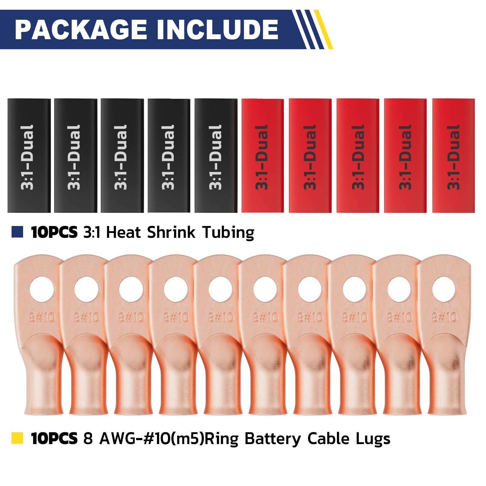 haisstronica 10pcs 8 AWG - #10 Battery Cable Lugs, Heavy Duty Copper Wire Lugs with 10pcs 3:1 Adhesive Heat Shrink Tubing, 8 Gauge Wire Connectors Battery Terminal Connector, Battery Cable Ends