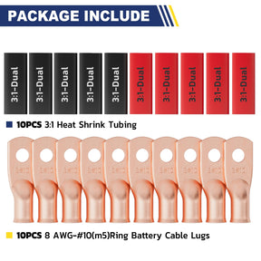 Haisstronica Lot de 10 cosses de batterie 8 AWG n° 10, en fil de cuivre robuste avec 10 gaines thermorétractables adhésives 3:1, connecteurs de fils de calibre 8, connecteurs de borne de batterie, embouts de câbles de batterie