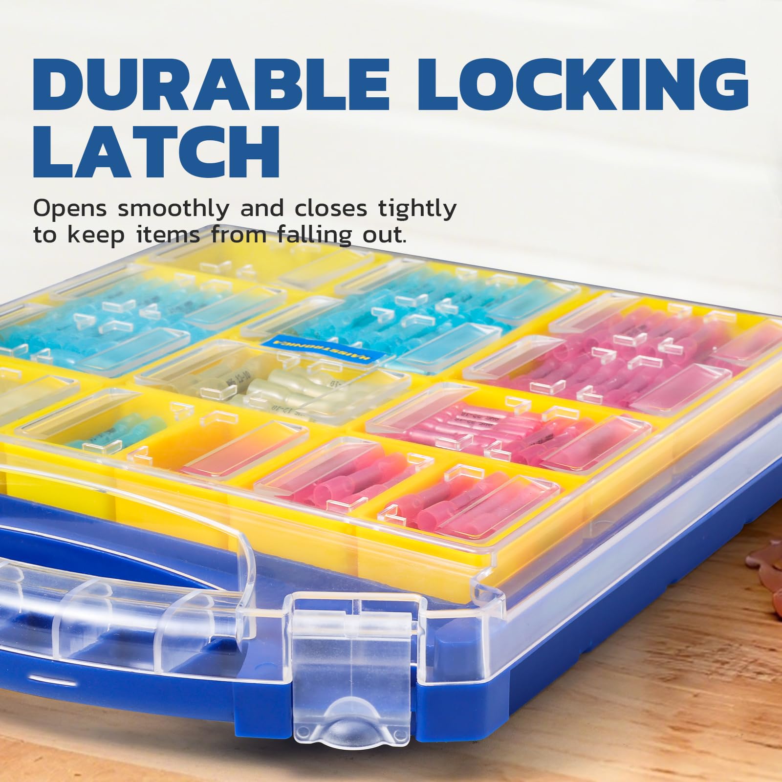 Secure connector butt latch on storage box keeps insulated butt connectors organized for quick repairs and transport.