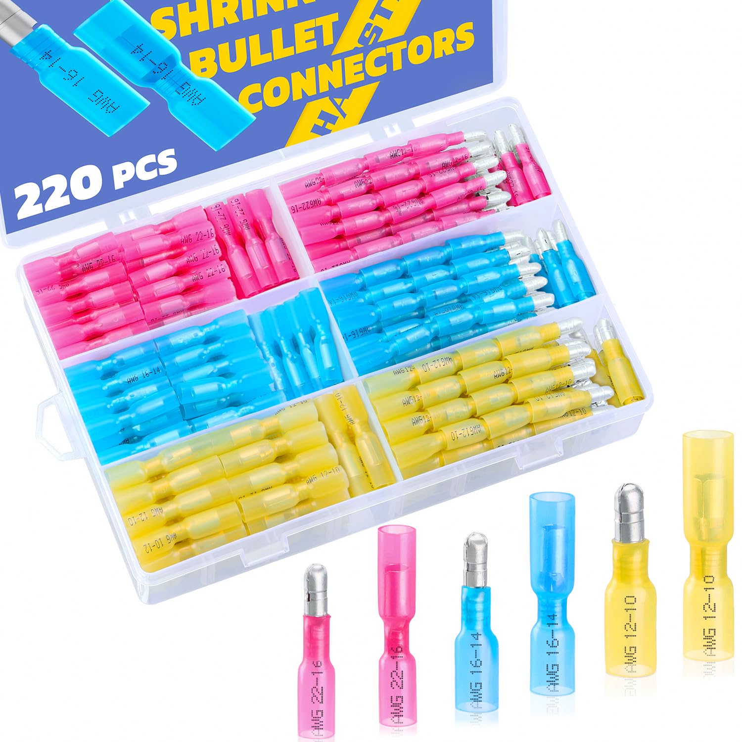 haisstronica 220PCS Heat Shrink Bullet Connectors AWG22-10 Male and Female Wire Bullet Terminals Blue Red Yellow Bullet Butt Terminals Kit