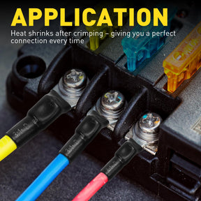Three step use graphic showing crimping, finished joint and heat shrink over cable in a non insulated terminal kit.