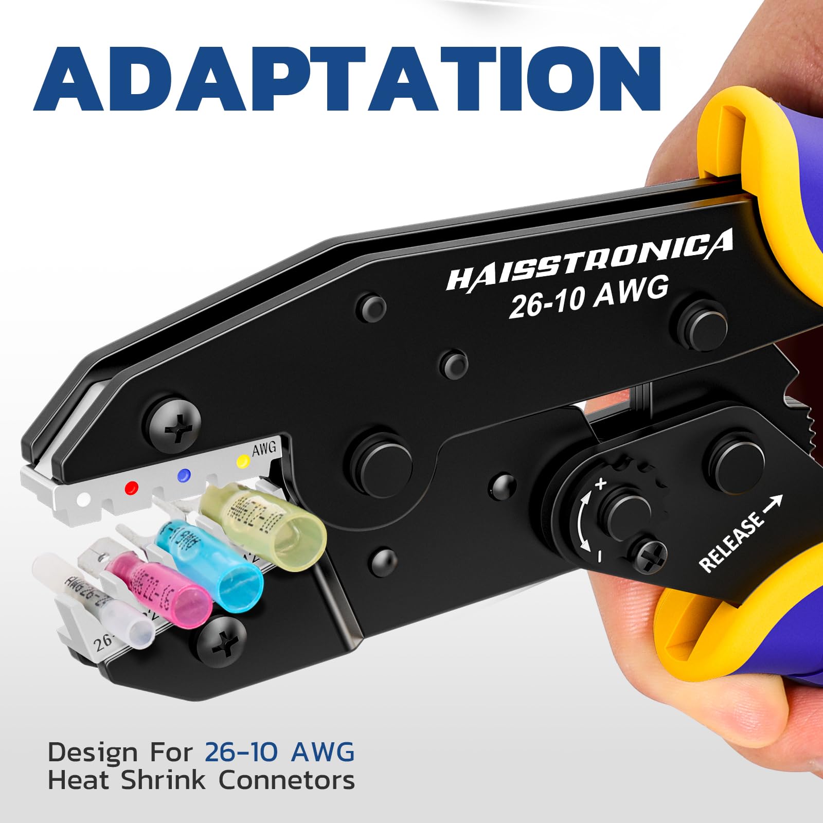 Haisstronica Wire Crimping Tool with heat shrink tubes. AWG 22-10, ergonomic black design.
