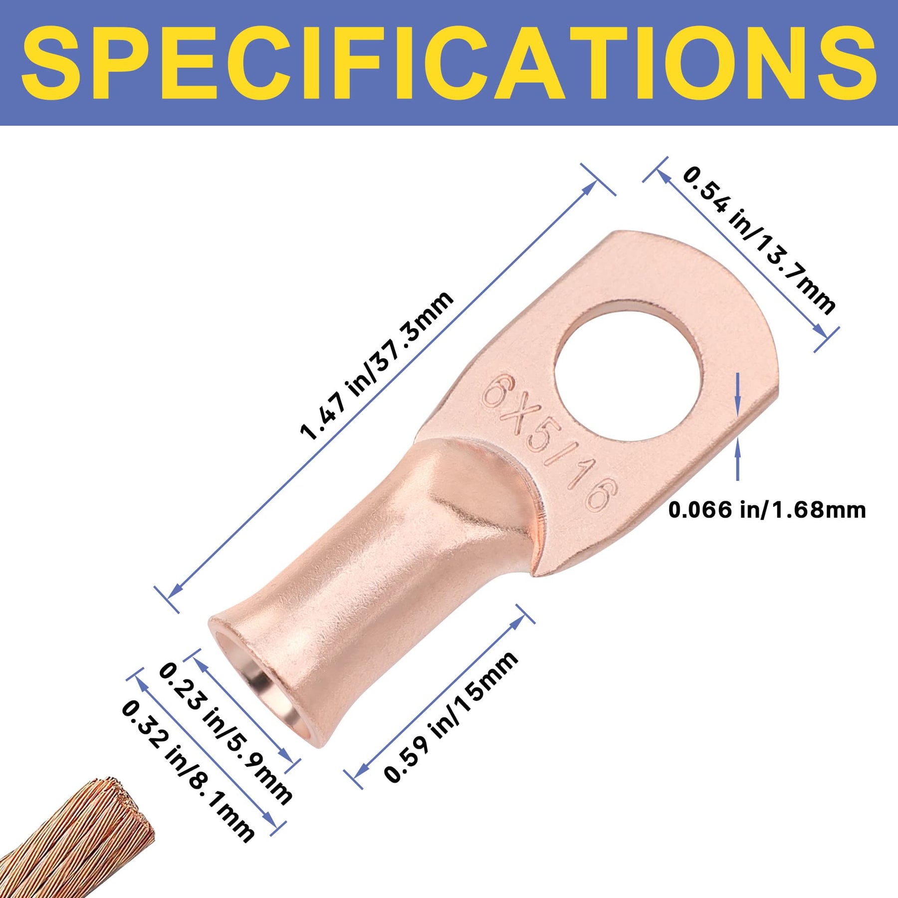 haisstronica 6AWG-5/16 Stud (10pcs) UL Copper Ring Terminals,Heavy Duty Wire Lugs,Battery Cable Ends,Tubular Ring Terminal Connectors,Bare Copper Eyelets