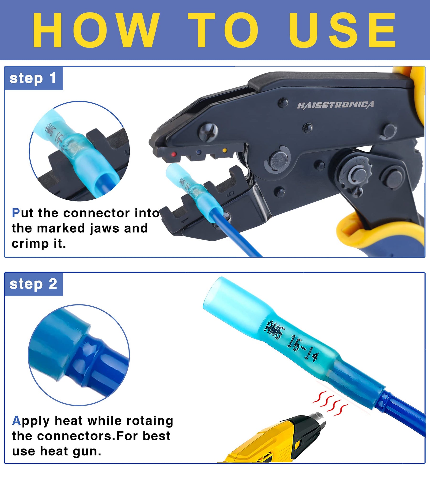 haisstronica Crimping Tool For Heat Shrink Set with 200PCS AWG 22-10 Marine Grade Butt Connectors and Wire Stripper