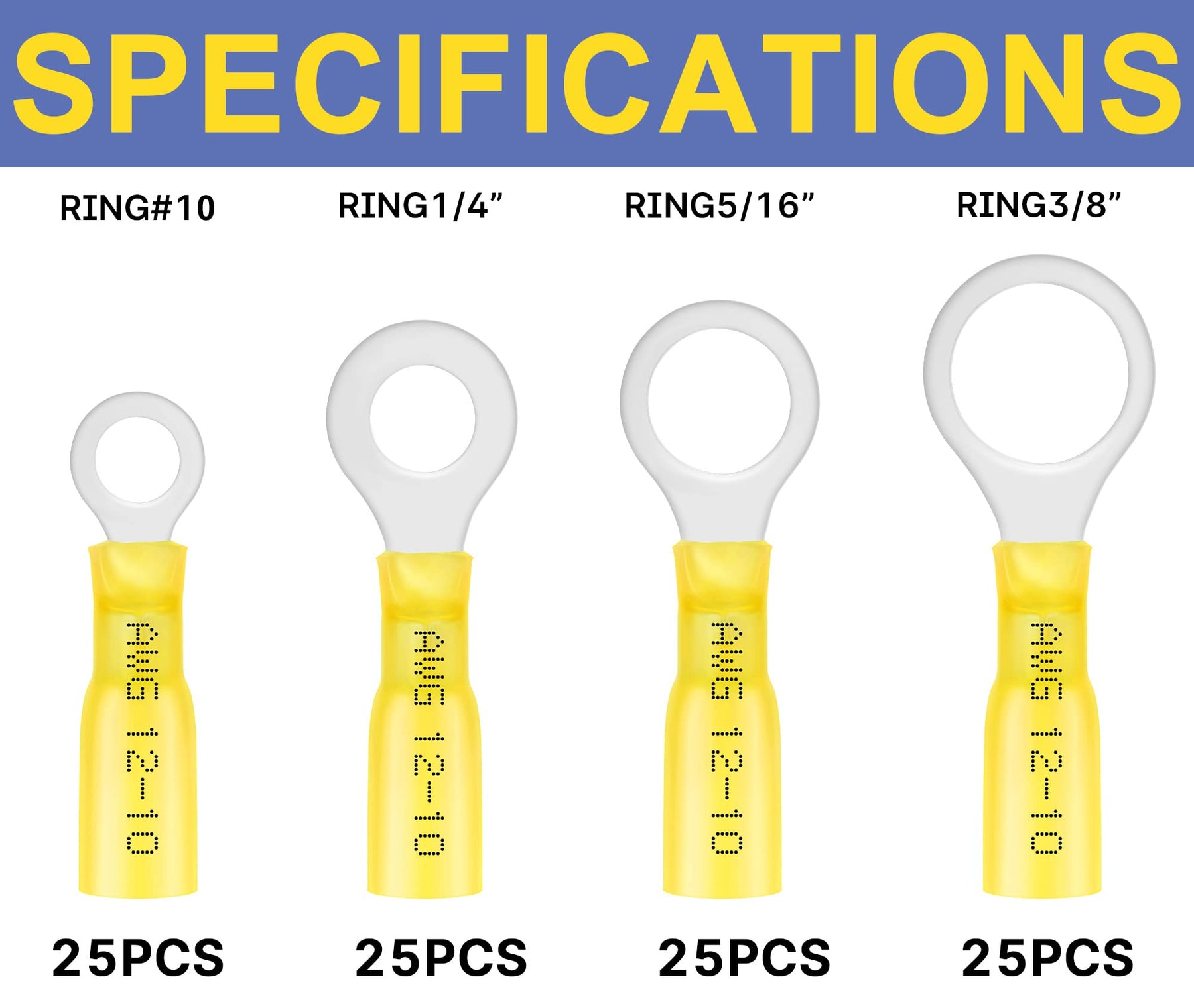 haisstronica 100pcs Yellow Marine Grade Heat Shrink Ring Connectors-Tinned red Copper 1mm 4 Sizes #10,1/4",5/16",3/8",12-10 Gauge Heat Shrink Wire Connectors-Insulated Crimp Terminals Set