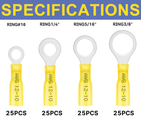 haisstronica 100pcs Yellow Marine Grade Heat Shrink Ring Connectors-Tinned red Copper 1mm 4 Sizes #10,1/4",5/16",3/8",12-10 Gauge Heat Shrink Wire Connectors-Insulated Crimp Terminals Set