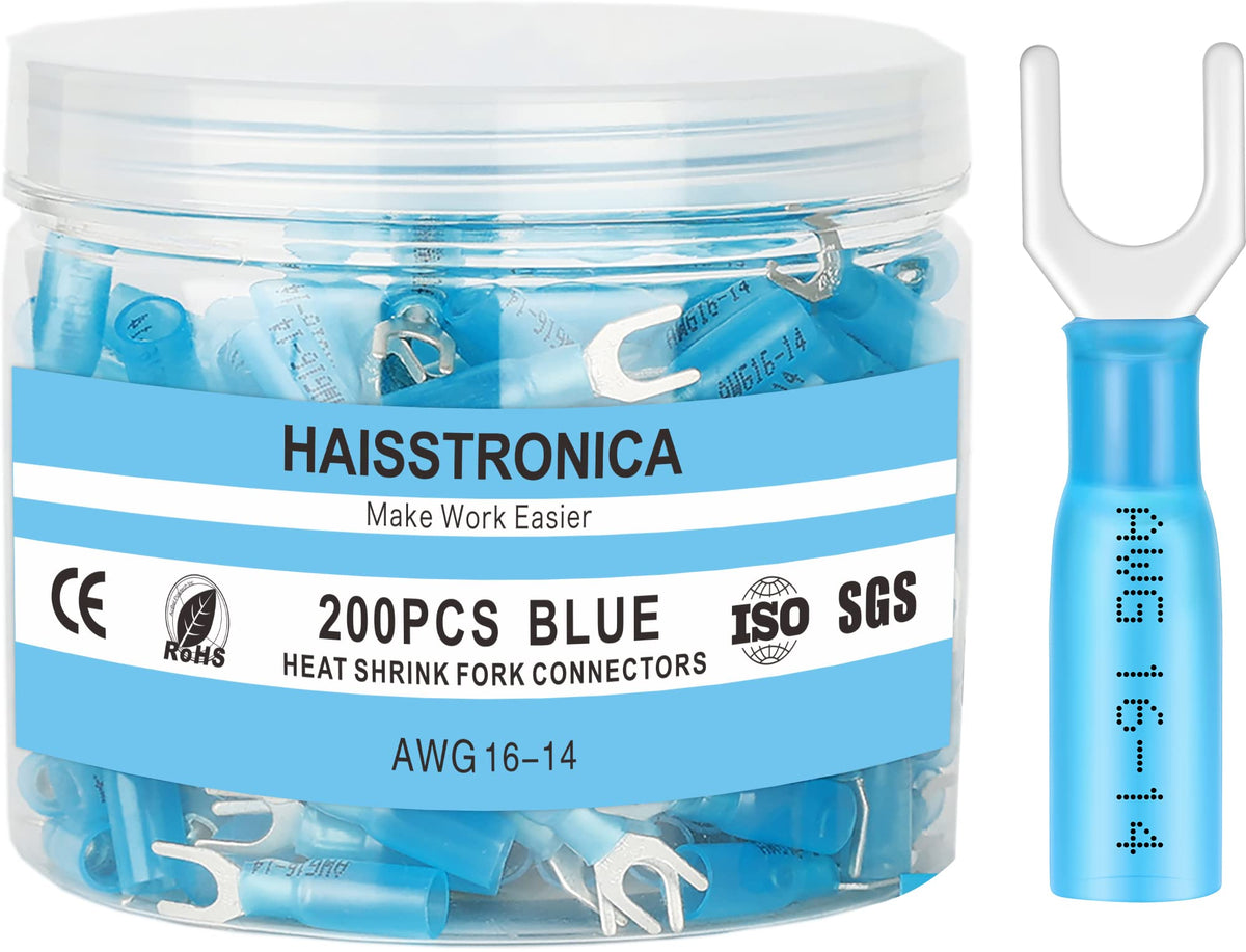 Haisstronica 200PCS Heat Shrink Fork Spade Connectors #10 Waterproof Marine Grade Fork Terminal Connectors U-Type Blue 16-14 Gauge