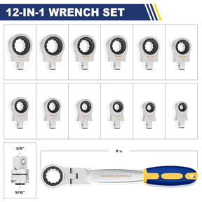 haisstronica 13pcs Flex-Head Ratcheting Combination Wrench Set with 3/8 in Adapter, SAE 1/4-3/4 inch Ratchet Wrench Tool for Auto, Tools for Men Gifts