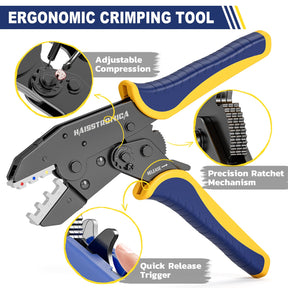 haisstronica 6 in 1 Crimping Tool Kit, Professional Ratchet Crimping Tool with 6 PCS Interchangeable Dies for Heat Shrink, Non-Insulated,Ferrule,Open Barrel,Insulated Connectors, Men Tool Gifts