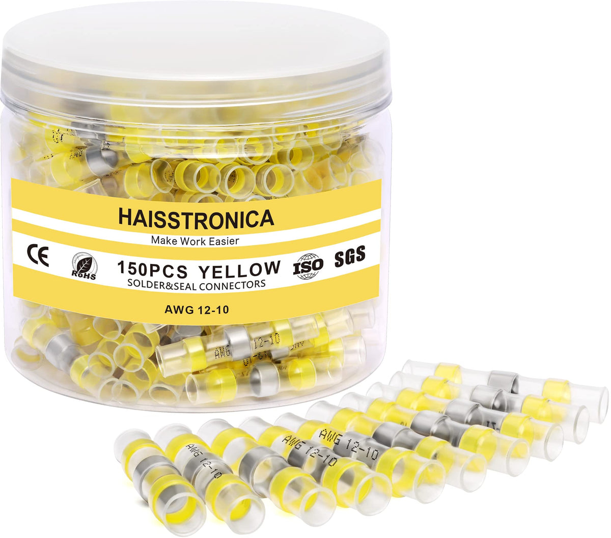 haisstronica 150PCS Solder Seal Wire Connectors,Waterproof Wire Connectors, Heat Shrink Butt Connectors for Watercraft,Electrical,Electronics 12-10 Yellow