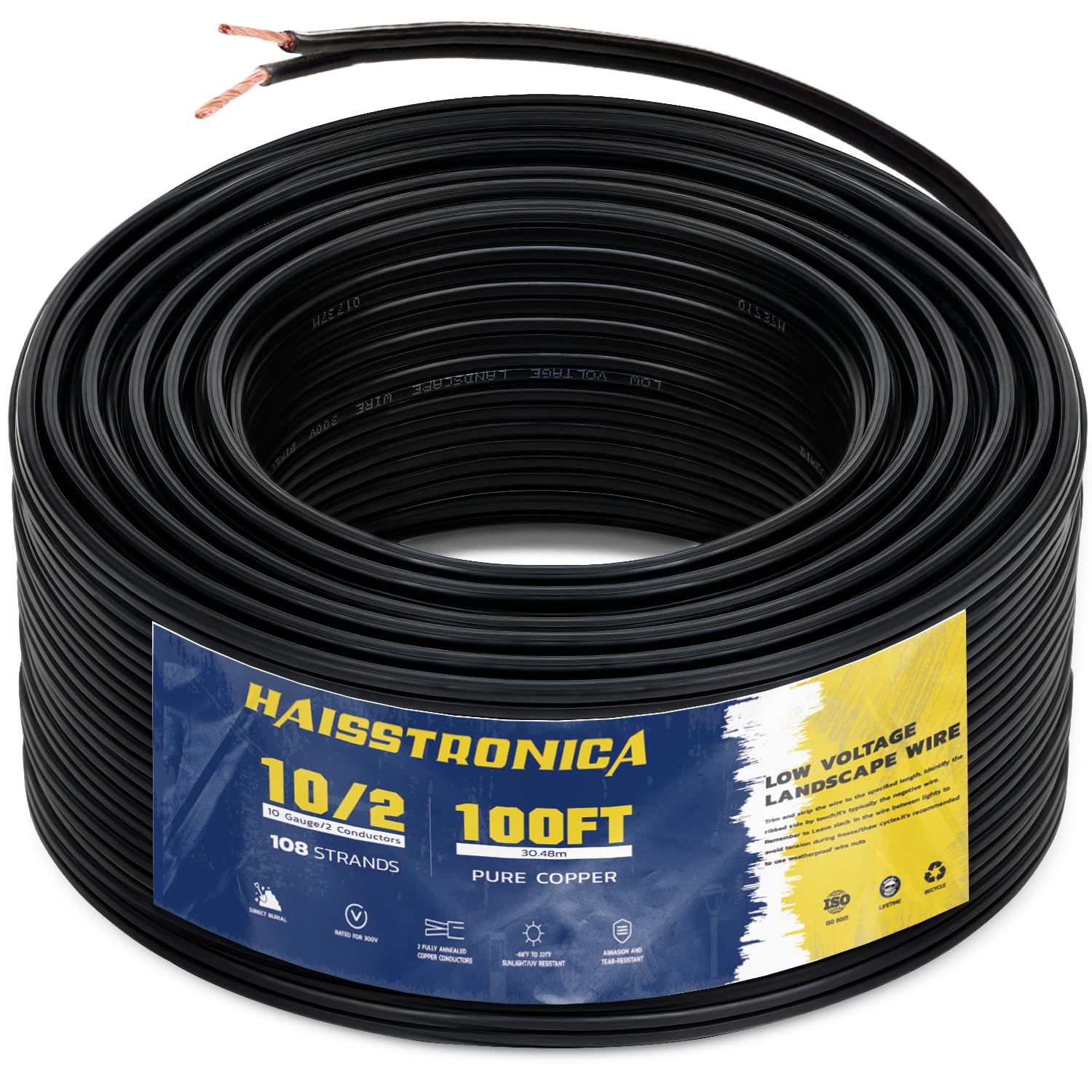 Haisstronica 10/2 low voltage landscape wire, 100ft pure copper for outdoor lighting cable installations.