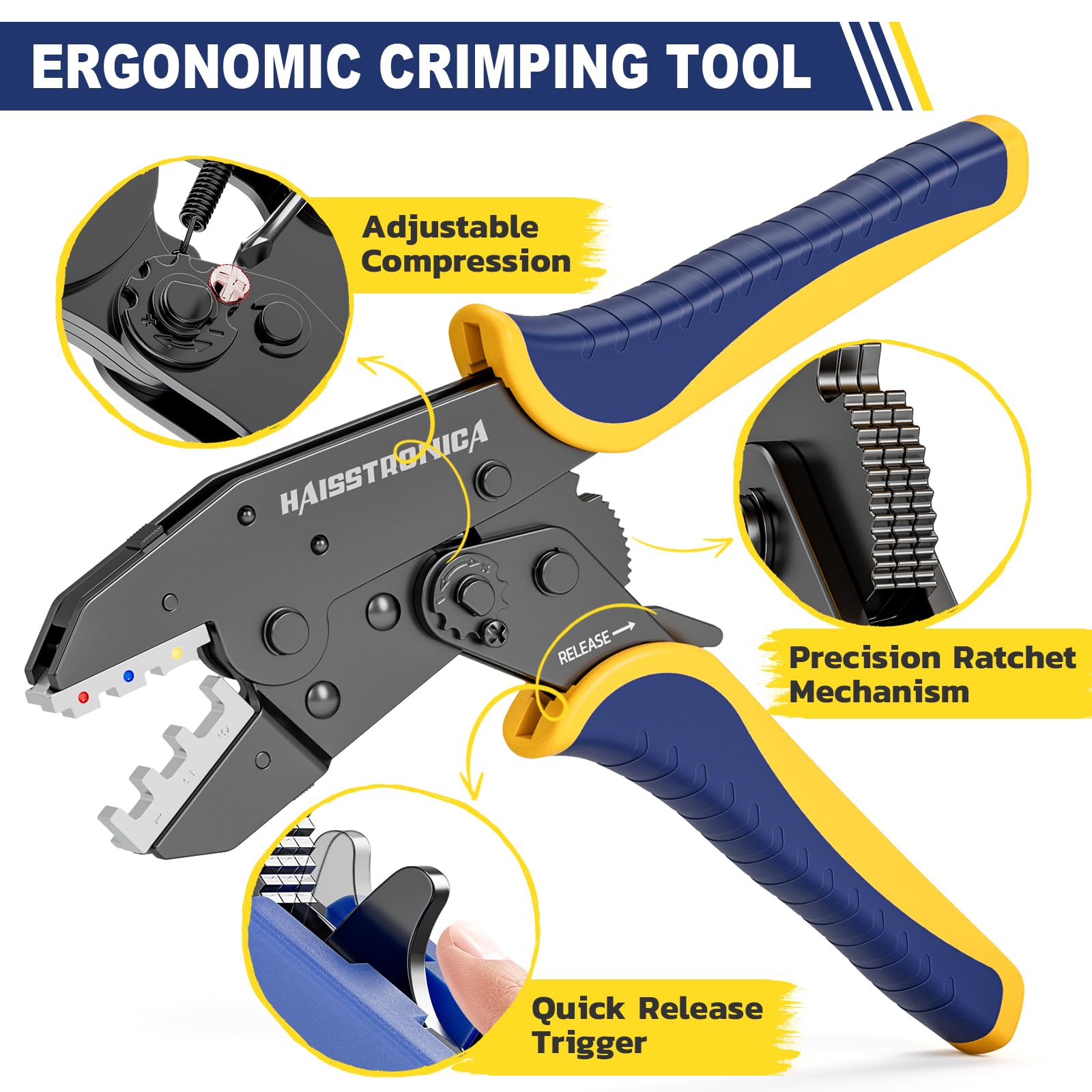 haisstronica 6 in 1 Crimping Tool Kit and Wire Stripper, Ratcheting Wire Crimper with 6 PCS Interchangeable Dies for Heat Shrink,Non-Insulated,Ferrule,Open Barrel,Insulated Connectors, men tool gifts