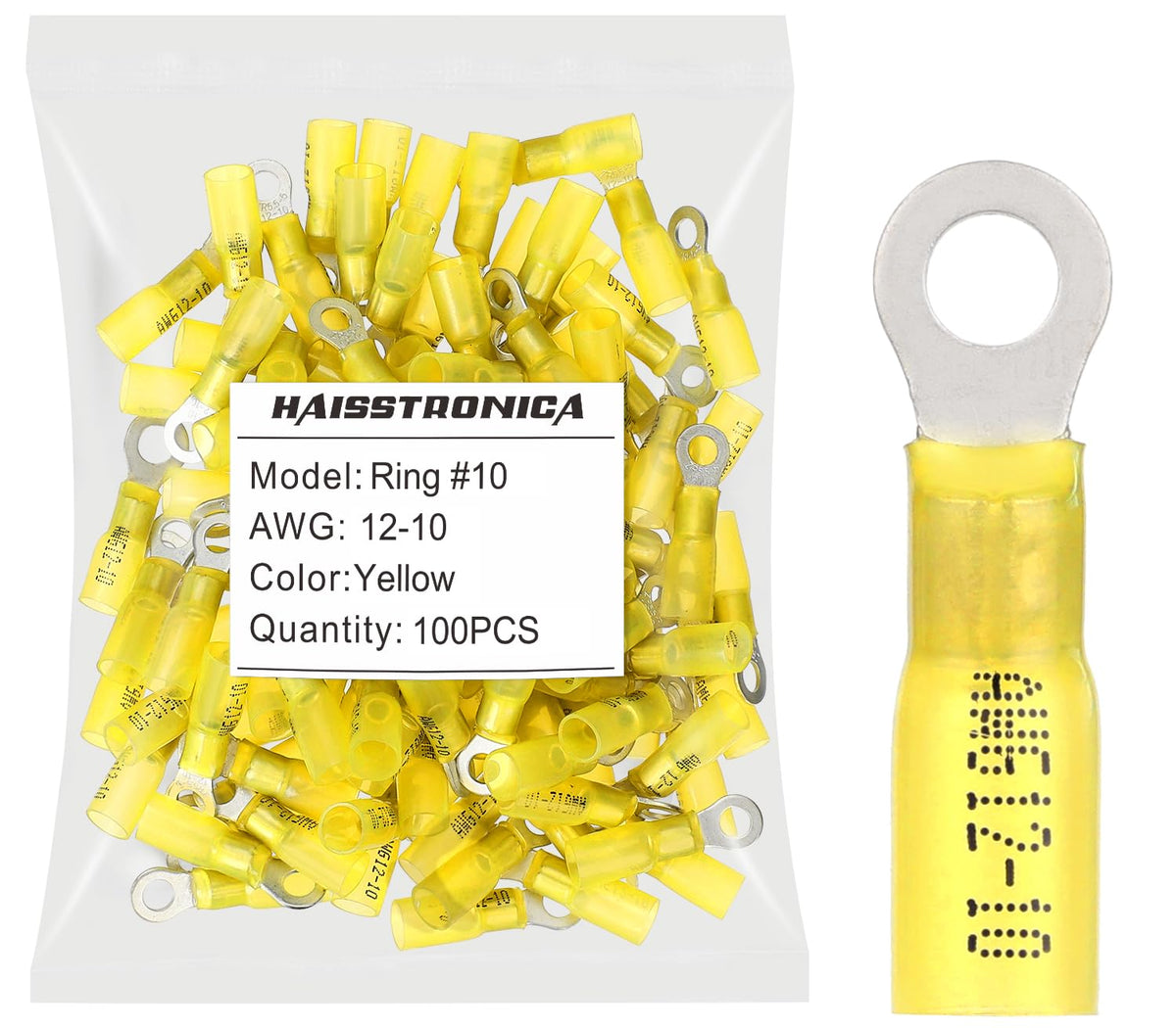 haisstronica 100pcs #10 Yellow Marine Grade Heat Shrink Ring Connectors,12-10 Gauge Tinned Red Copper 1mm Ring Terminals Connectors,Brazed-Seam Insulated Electrical Crimp Wire Terminals