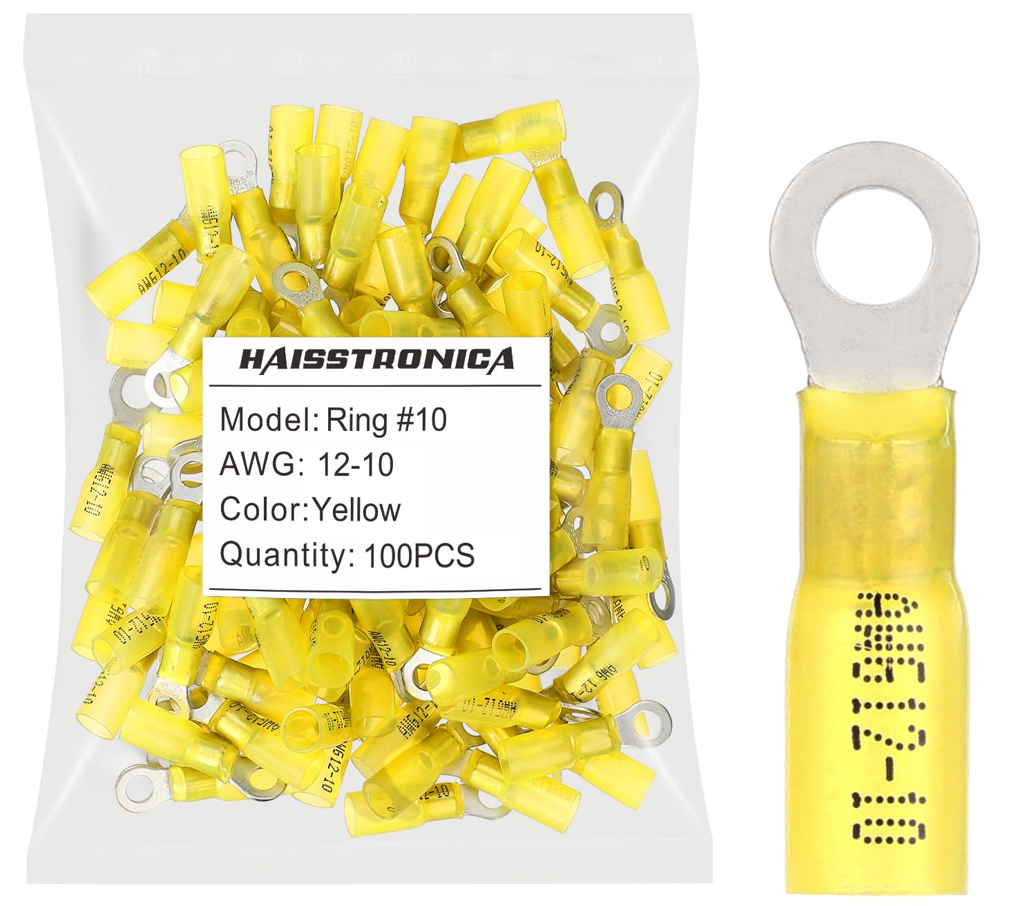 haisstronica 100pcs #10 Yellow Marine Grade Heat Shrink Ring Connectors,12-10 Gauge Tinned Red Copper 1mm Ring Terminals Connectors,Brazed-Seam Insulated Electrical Crimp Wire Terminals