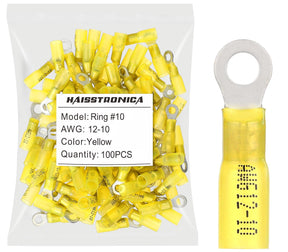 haisstronica 100pcs #10 Yellow Marine Grade Heat Shrink Ring Connectors,12-10 Gauge Tinned Red Copper 1mm Ring Terminals Connectors,Brazed-Seam Insulated Electrical Crimp Wire Terminals