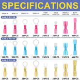 Specification chart listing AWG ranges and quantities for ring, fork, male, female, and butt heat shrink wire connectors in red, blue, yellow.