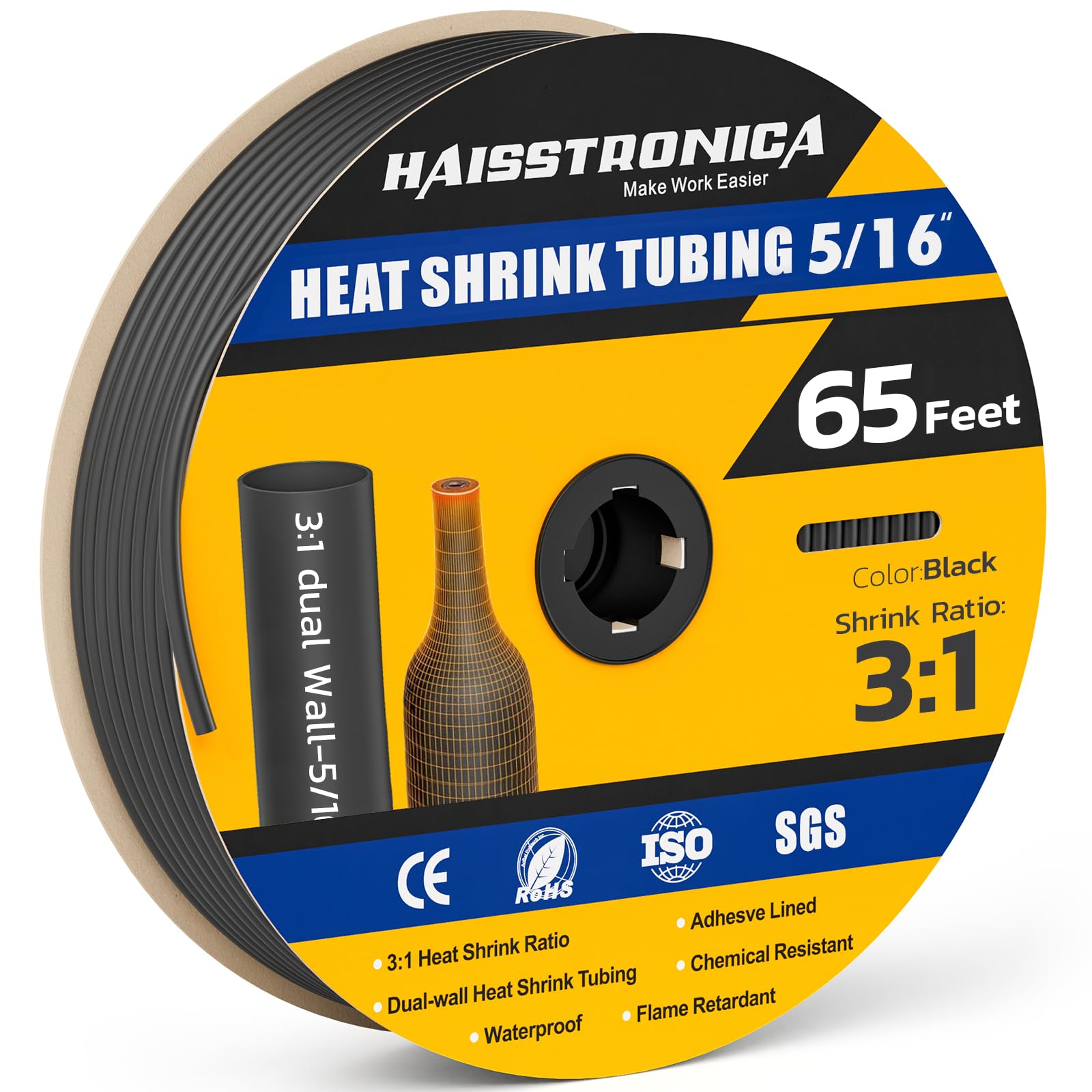 Gaine thermorétractable Haisstronica 3:1, rapport de rétraction 3/4, avec revêtement adhésif, de qualité marine, pour la maison, l'automobile et l'industrie (noir), 65 pieds 5/16 pouces