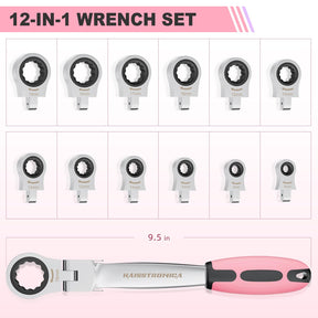 haisstronica Pink Wrench Set for Women, 12 in 1 Interchangeable Heads Ratcheting Combination Wrench Set, 8-19mm Metric Flex Head Wrench Tool for Auto