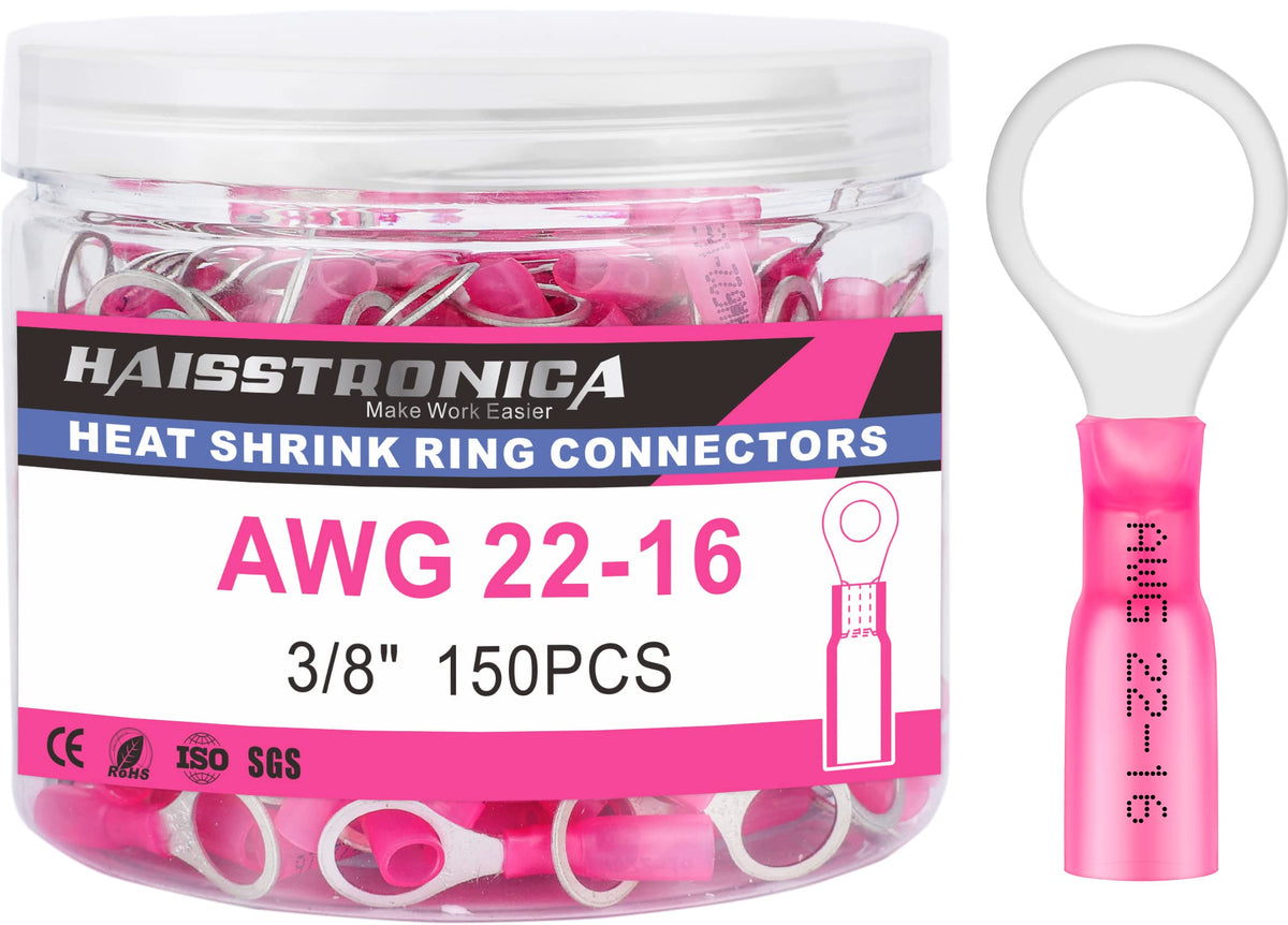 haisstronica 150PCS Heat Shrink Ring Terminals 3/8" Marine Grade Wire Connectors Red AWG 22-16 Gauge, Tinned Red Copper 0.7mm Resistant Ring Connectors, Brazed-Seam Insulated Electrical Crimp