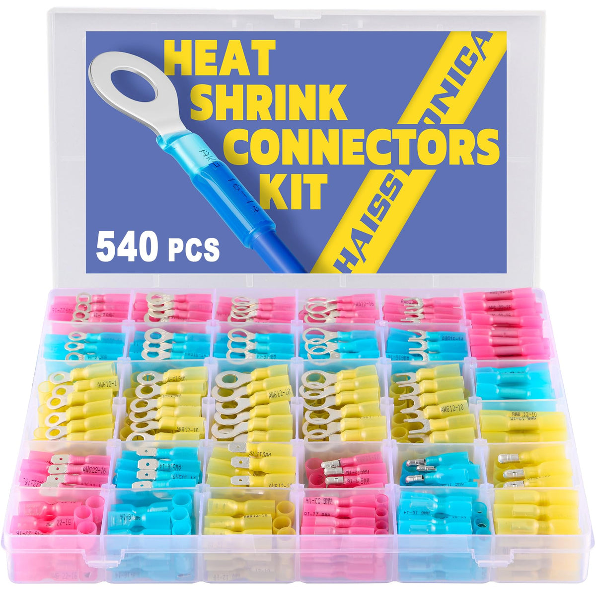 haisstronica 540PCS Marine Grade Heat Shrink Wire Connectors-Electrical Connectors Kit of Tinned Red Copper,16-14 22-16 12-10 Gauge Crimp Insulated Ring Fork Spade Bullet Butt Splices(3Colors/30Size)