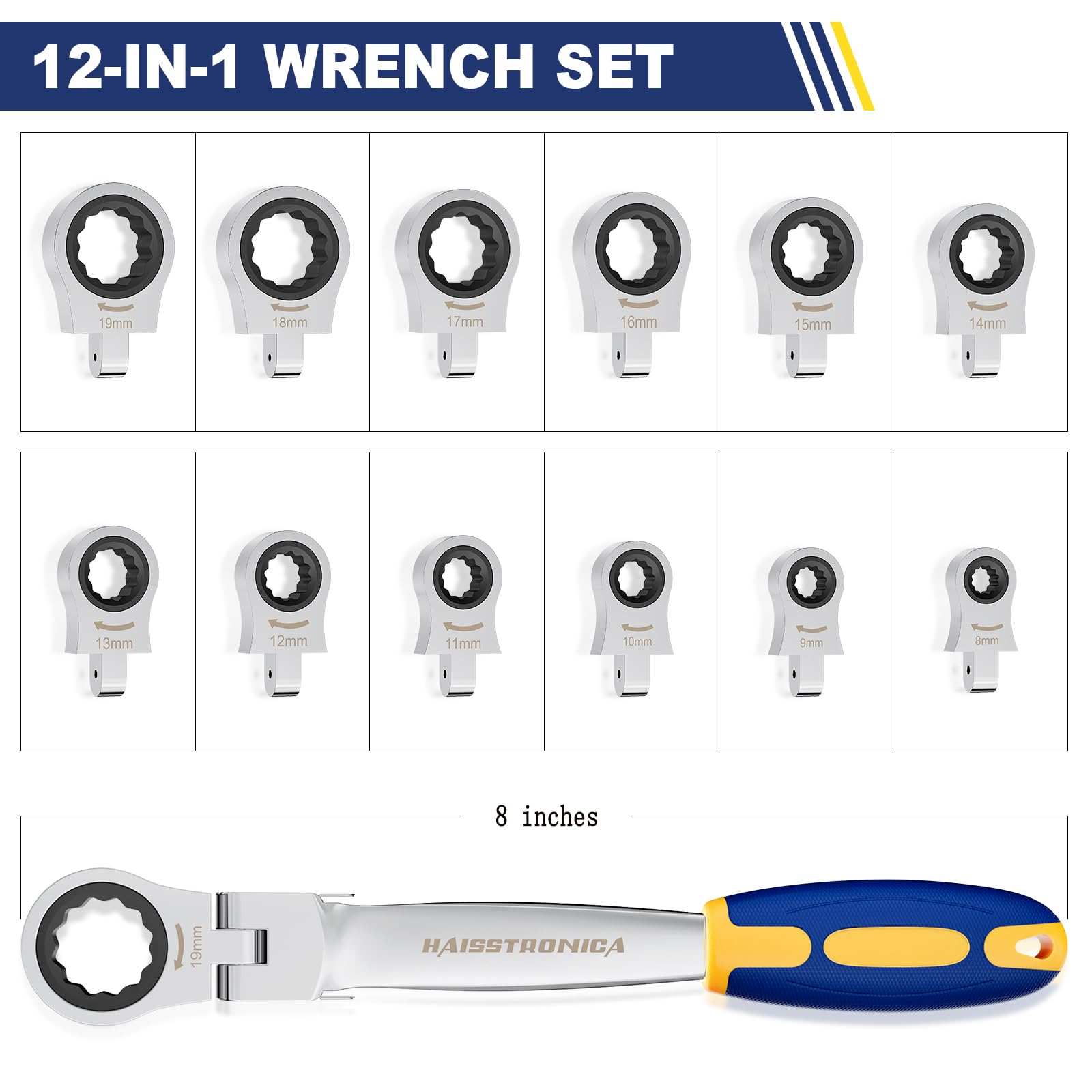 haisstronica 12 in 1 Interchangeable Heads Ratcheting Combination Wrench Set, 8-19mm Metric Flex Head Ratchet Wrench Tool for Auto, Tools for Men Gifts