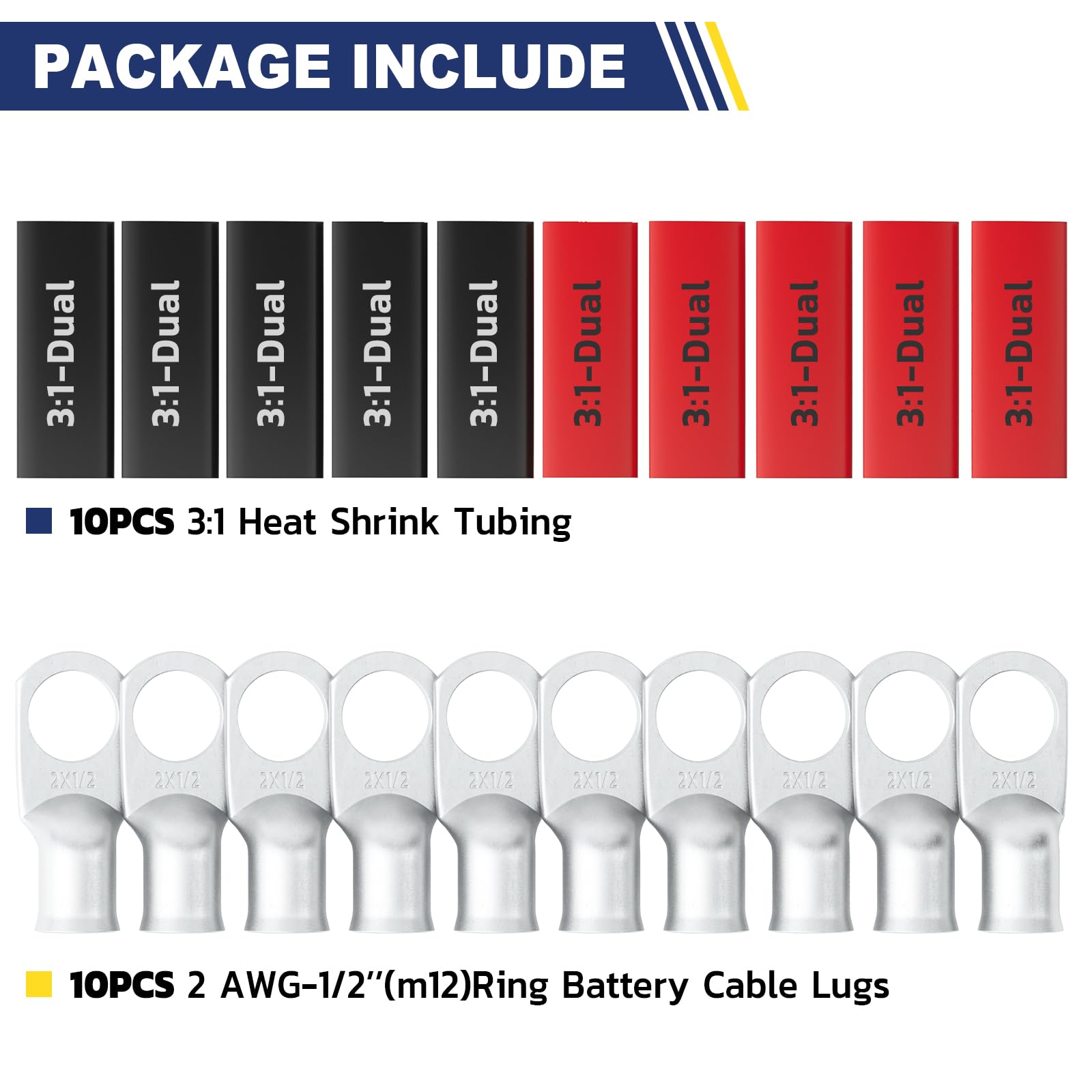 haisstronica 10pcs 2 AWG - 1/2" (M12) Tinned Copper Battery Lugs, Heavy Duty Copper Wire Lugs with 10pcs 3:1 Adhesive Heat Shrink Tubing, 2 Gauge Wire Lugs, Tinned Copper Battery Cable Ends