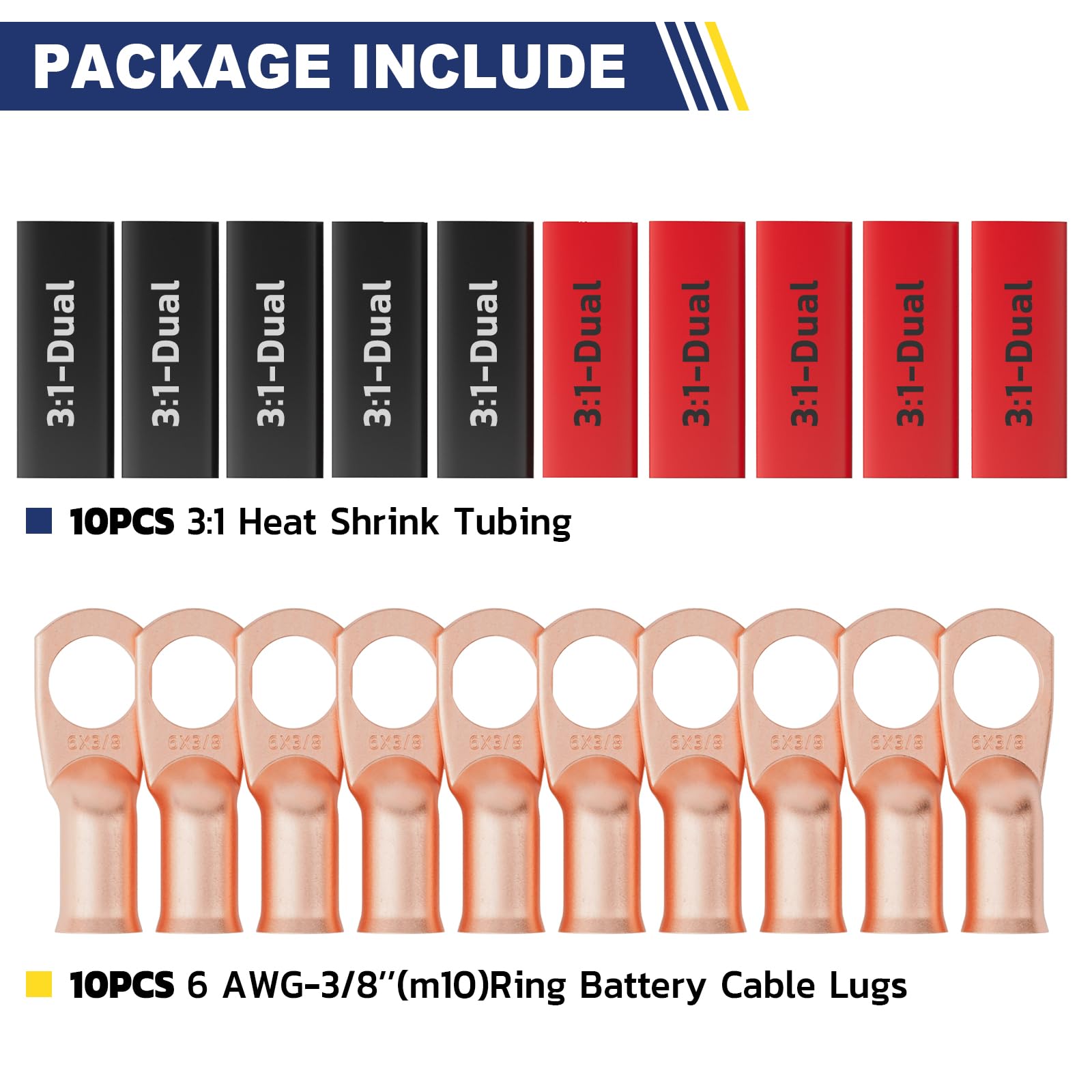 Haisstronica Lot de 10 cosses de batterie 6 AWG (3/8 po) M10, cosses en fil de cuivre robustes avec 10 gaines thermorétractables adhésives 3:1, connecteurs de fils de calibre 6, connecteurs de bornes de batterie, embouts de câbles de batterie