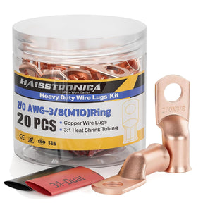 20PCS Bare Battery Cable Copper Wire Lugs with 10pcs 3:1 Adhesive Heat Shrink Tubing