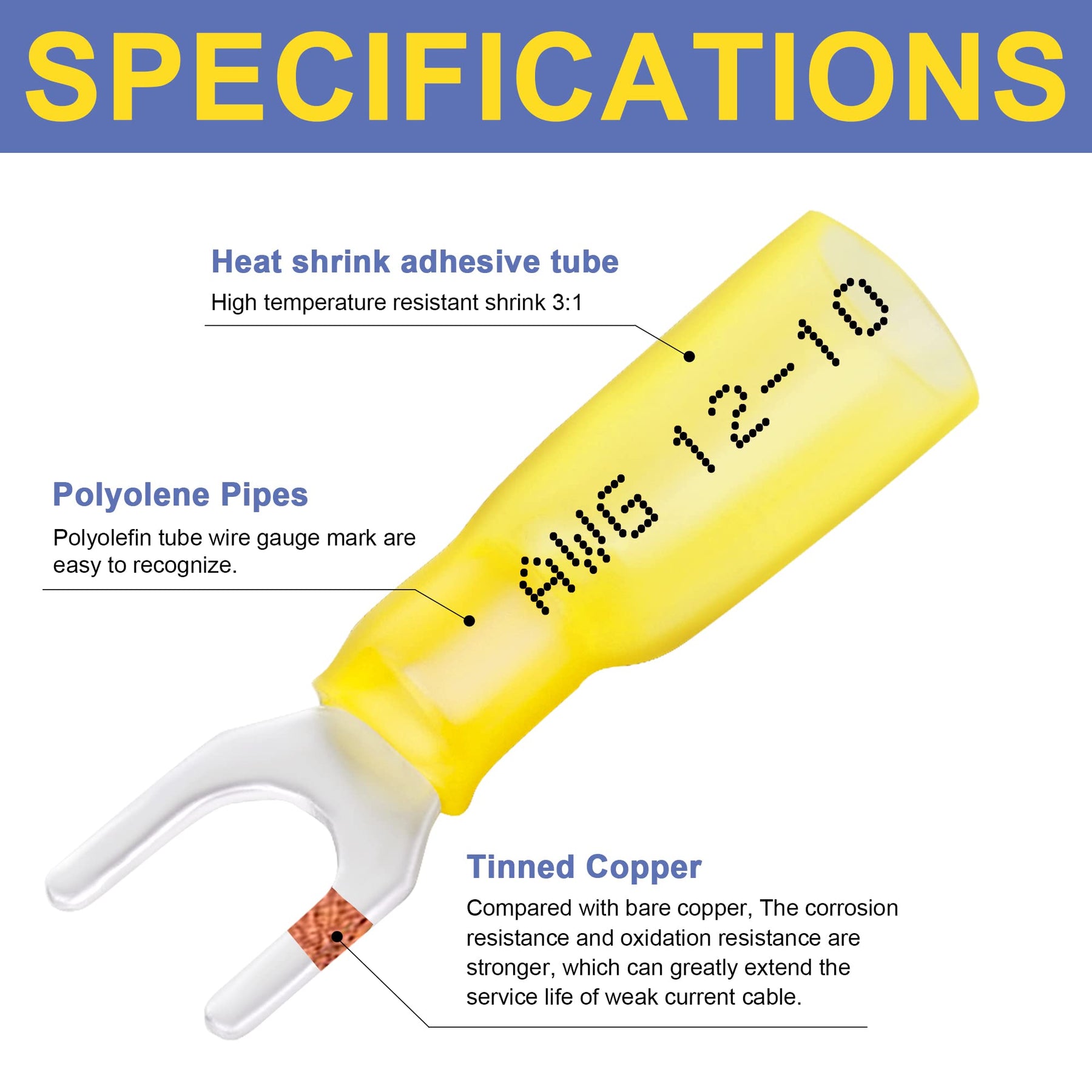 haisstronica 50pcs #10 Yellow Heat Shrink Fork Connectors,12-10 Gauge Insulated Electrical Crimp Wire Terminals