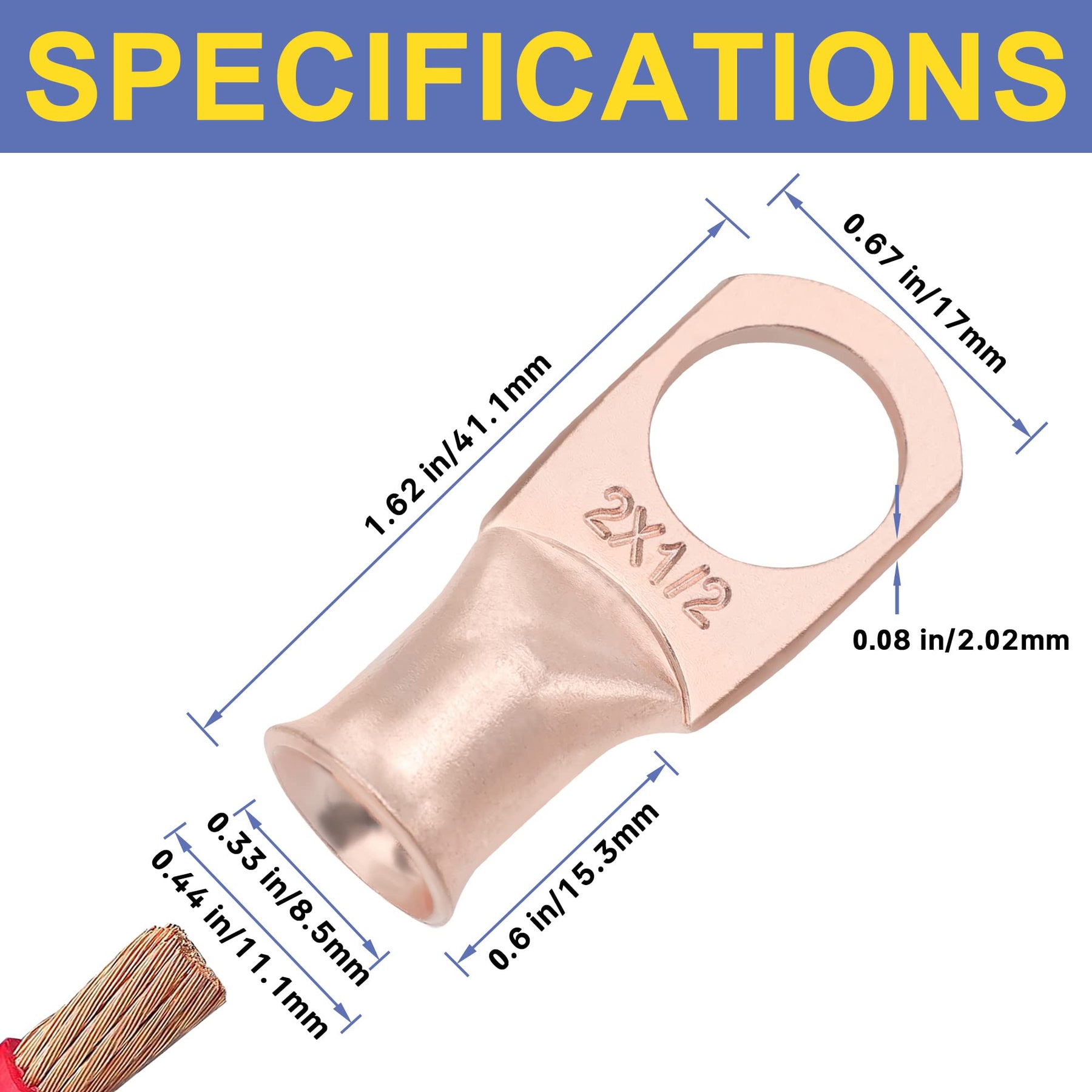 haisstronica 2AWG-1/2 Stud (10pcs) UL Copper Ring Terminals,Heavy Duty Wire Lugs,Battery Cable Ends,Tubular Ring Terminal Connectors,Bare Copper Eyelets