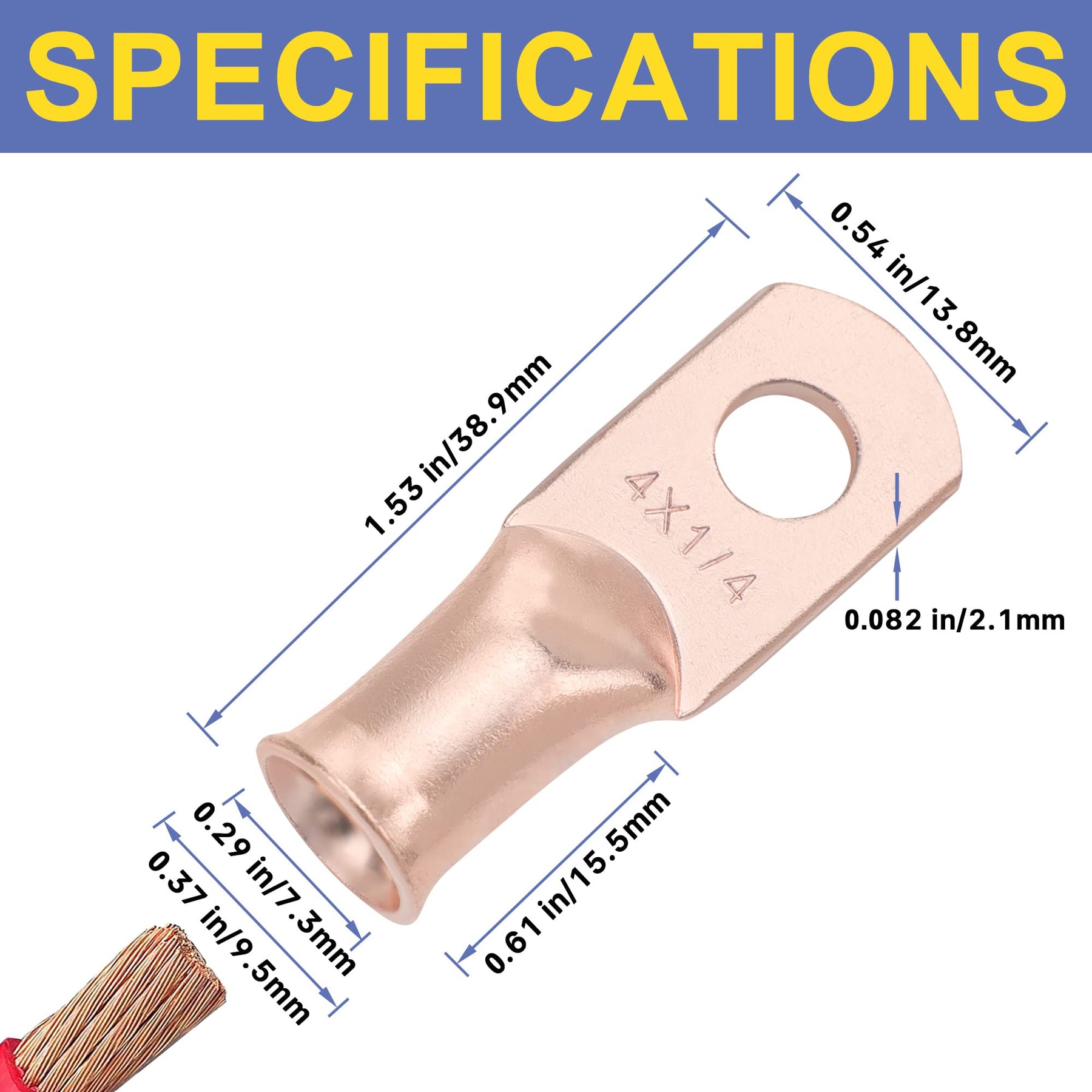 haisstronica 4AWG-1/4 Stud (10pcs) UL Copper Ring Terminals,Heavy Duty Wire Lugs,Battery Cable Ends,Tubular Ring Terminal Connectors,Bare Copper Eyelets