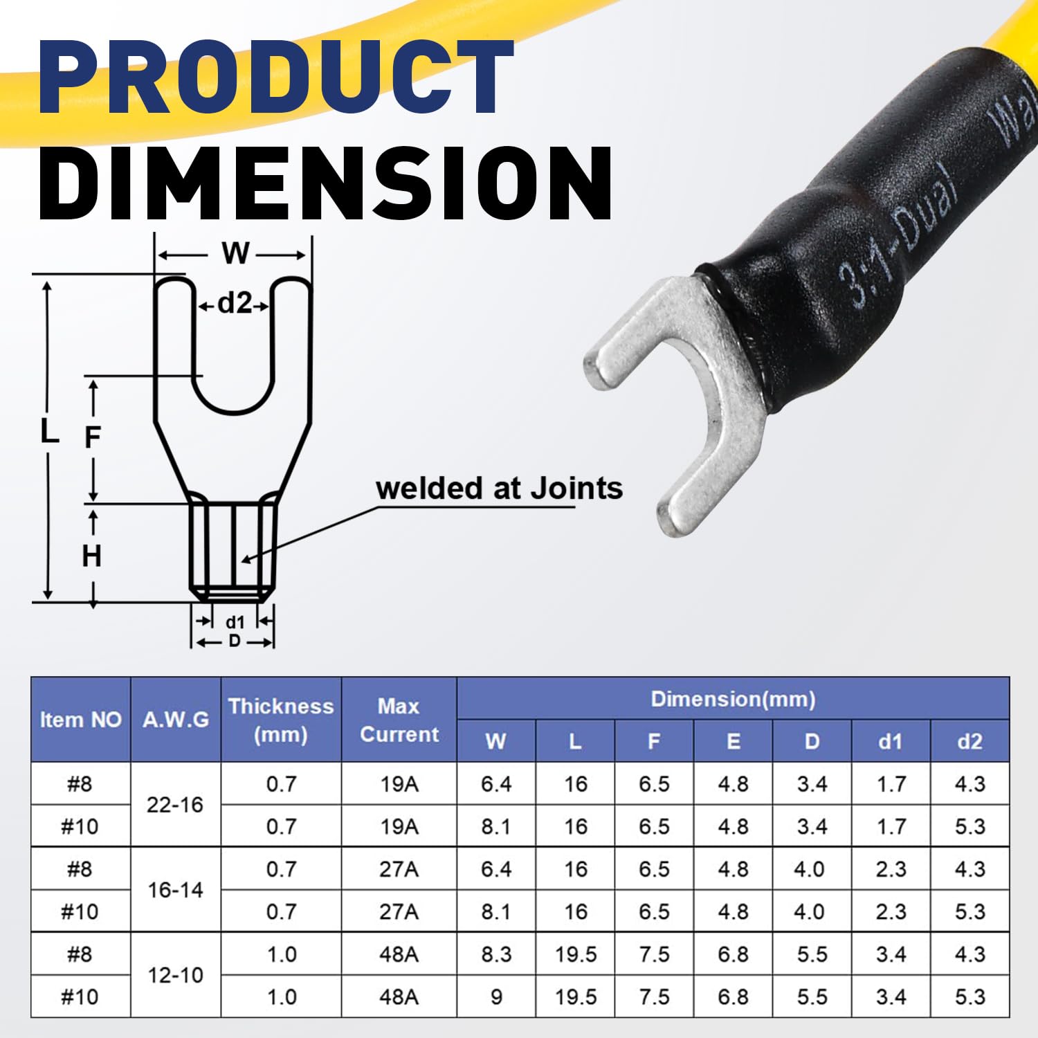 size chart graphic comparing haisstronica insulated and non insulated fork terminals with dimensions and amp ratings