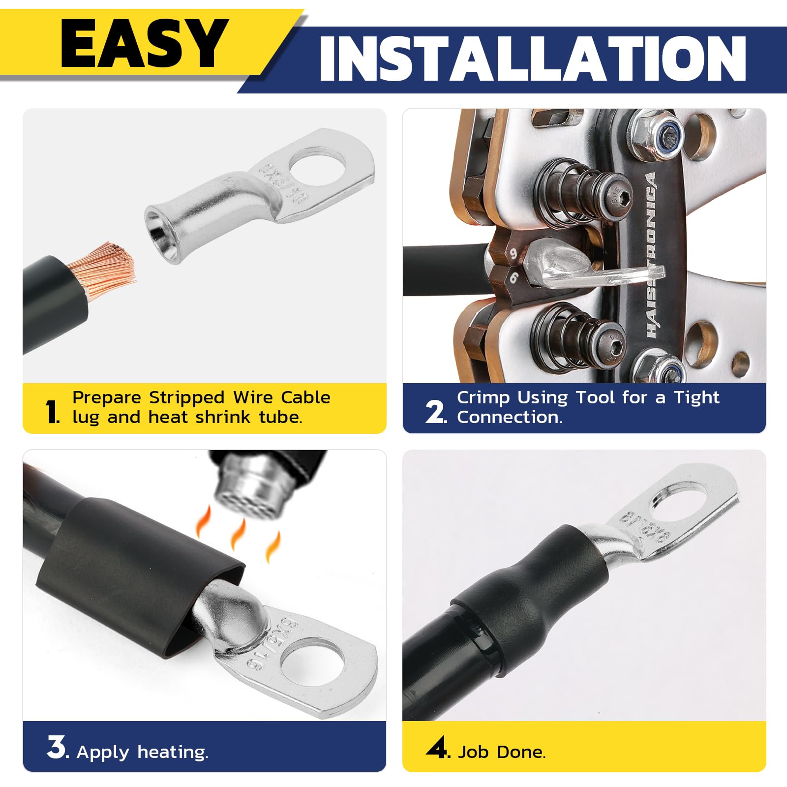 Haisstronica Lot de 10 cosses de câble de batterie 1/4" (M6) AWG, cosses en fil de cuivre robustes avec 10 gaines thermorétractables adhésives 3:1, cosses de fil de calibre 1/4, connecteur de borne de batterie, embouts de câble de batterie