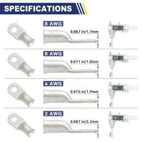 Kit de 80 cosses de fil de cuivre étamé Haisstronica, cosses de câble de batterie robustes AWG 8 6 4 2, œillets, cosses tubulaires, cosses de batterie avec gaine thermorétractable 3:1