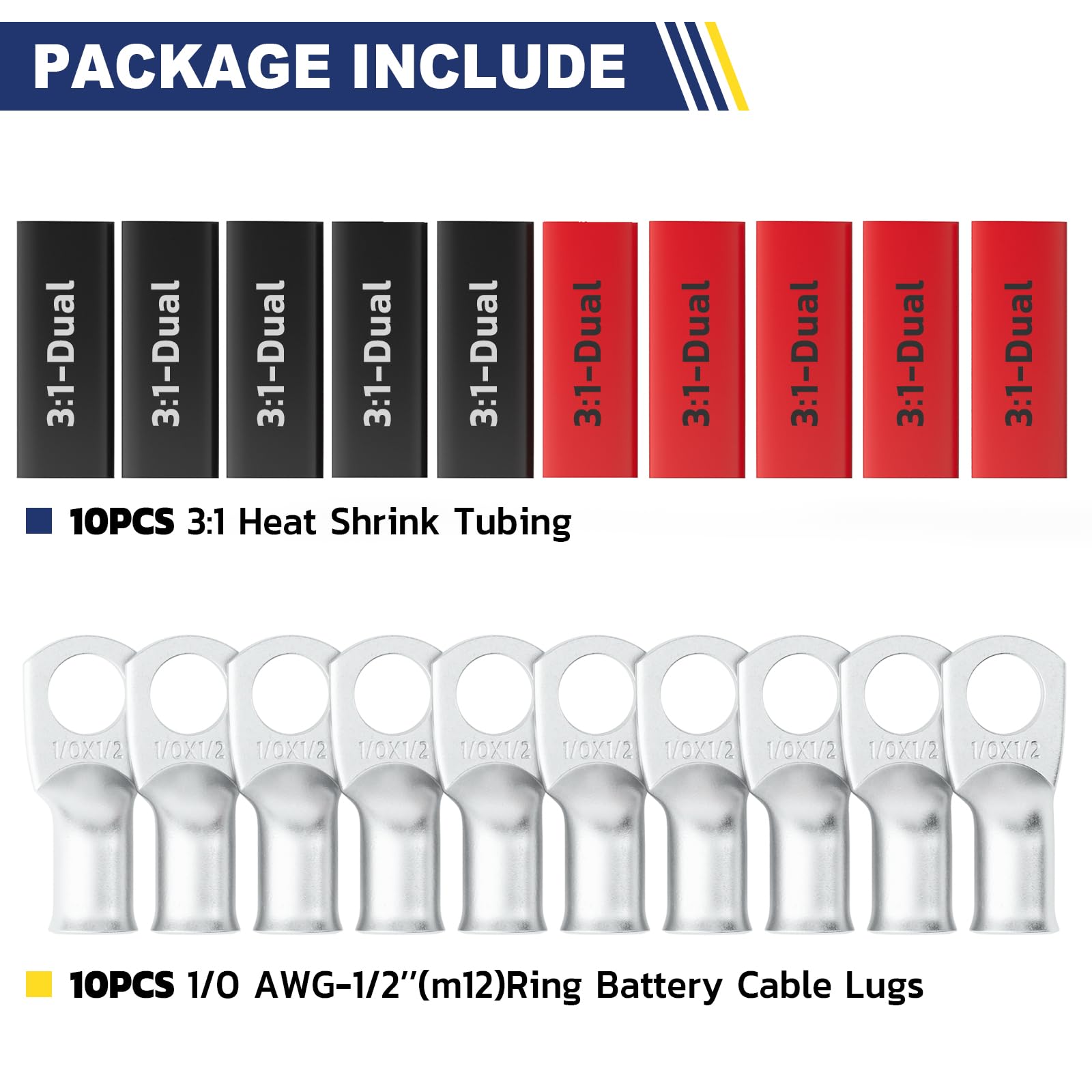 Haisstronica Lot de 10 cosses de batterie en cuivre étamé 1/0 AWG - 1/2" (M12), cosses robustes en fil de cuivre avec 10 gaines thermorétractables adhésives 3:1, cosses de calibre 1/0, extrémités de câble de batterie en cuivre étamé