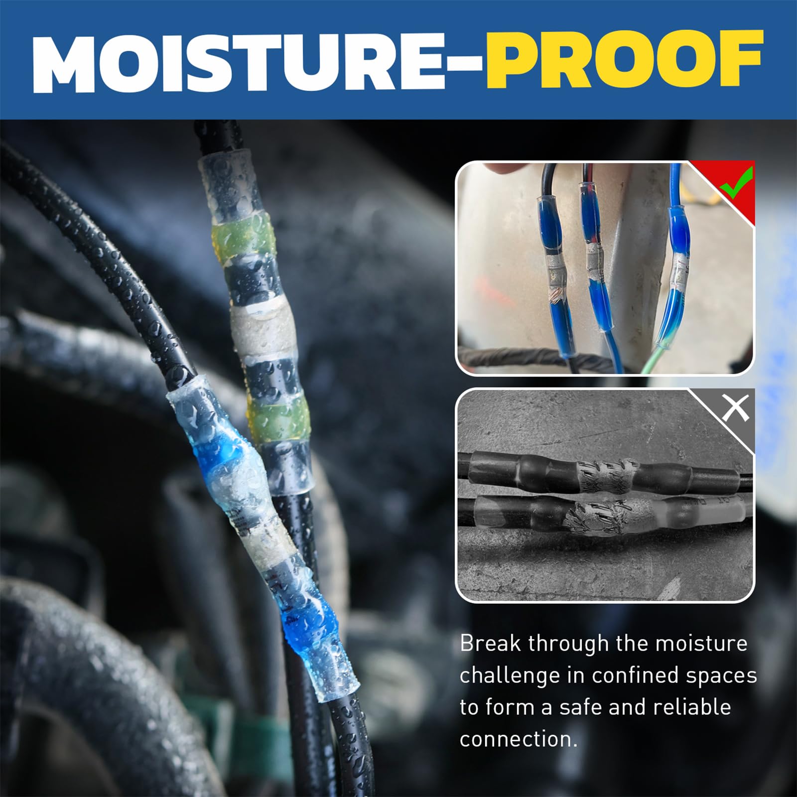 Moisture proof image of clear shrink solder connectors on wet cables, sealed solder splices stopping corrosion