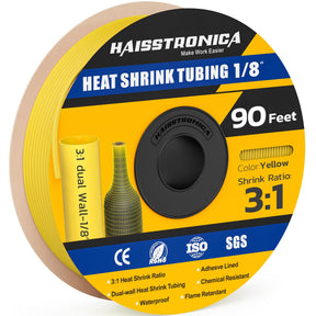 haisstronica 3:1 Heat Shrink Tubing, Shrink Ratio Adhesive Lined Marine Grade Heat Shrink Tube for Home, Automotive and Industrial (Yellow) 90FT 1/8inch